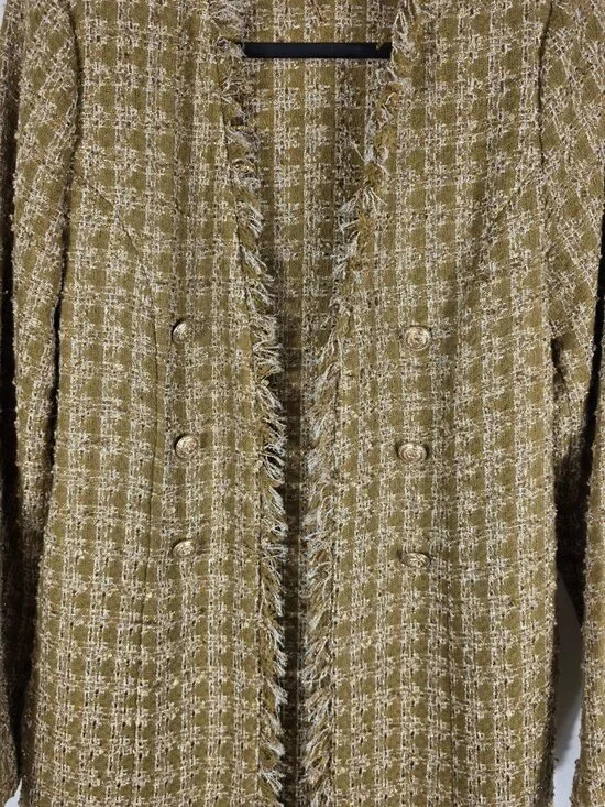 Elie Tahari Sparkle Desert Plaid Tweed Long Blazer Size Medium Ivory & Tan Plaid - Picture 3 of 12